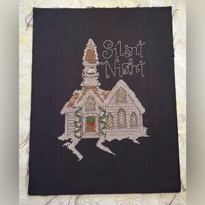 Handmade Crosstitch Wall Hanging Christmas Silent Night Black & Silver 11x14